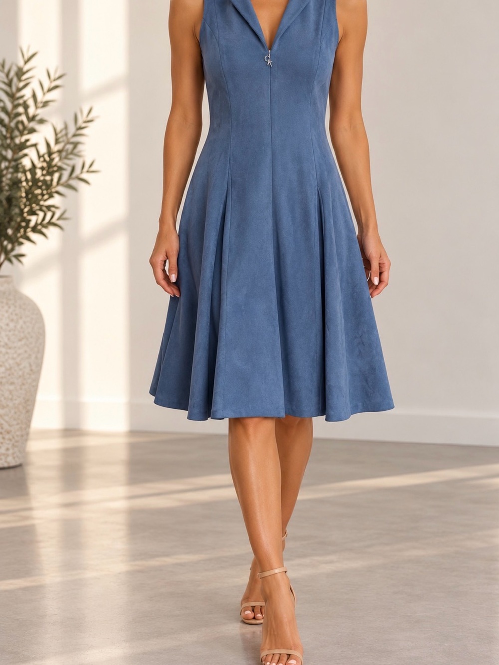 Calvin Klein Sleeveless V-Neck Midi Dress in Dusty Blue